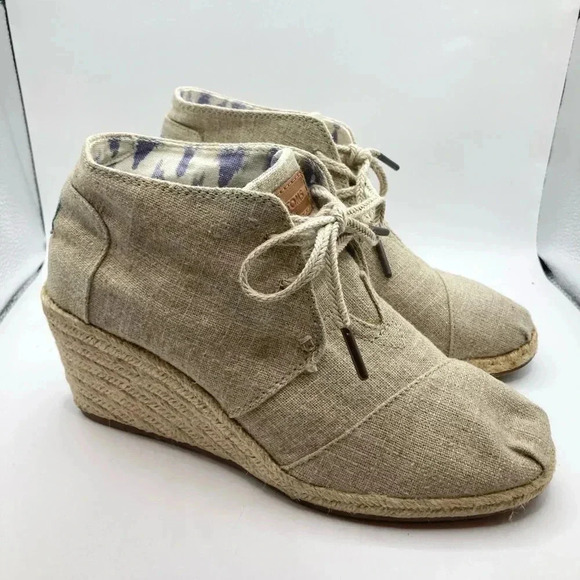 TOMS Bootie Burlap Wedge Canvas Lace up Tan Shoe Women’s Size 7.5 W MSRP $99 - Picture 1 of 11